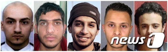 본문 이미지 - 2015년 11월 13일 파리 동시다발 테러의 총지휘자로 지목된 압델하미드 아바우드(가운데), 스타드드프랑스 축구 경기장 외부에서 자살폭탄 테러를 감행한 빌랄 하드피(좌측), 바타클랑 인질극에 가담했다 자폭한 28세의 프랑스 국적자 사미 아미무르(우측), 바타클랑 인질극에 참여했으며 현재 도주중인 살라 델스만(우측 2번째), 이번 파리 테러에 관여했지만 신원이 밝혀지지 않은 남성(좌측 2번째)이다. ⓒ AFP=뉴스1 ⓒ News1 최종일 기자