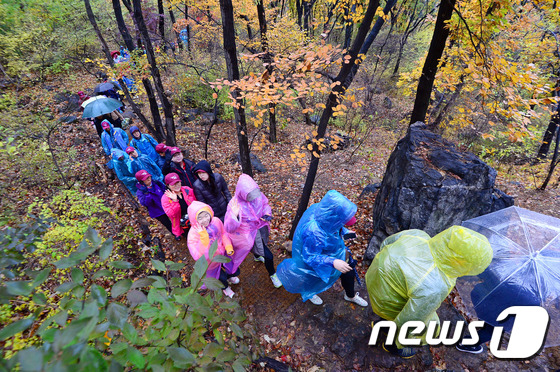 (서울=뉴스1) 박세연 기자 = 7일 오전 서울 남산에서 열린 제1회 남산둘레길 걷기 축제 참가자들이 새롭게 조성된 남산둘레길을 걷고 있다. 2015.11.7/뉴스1