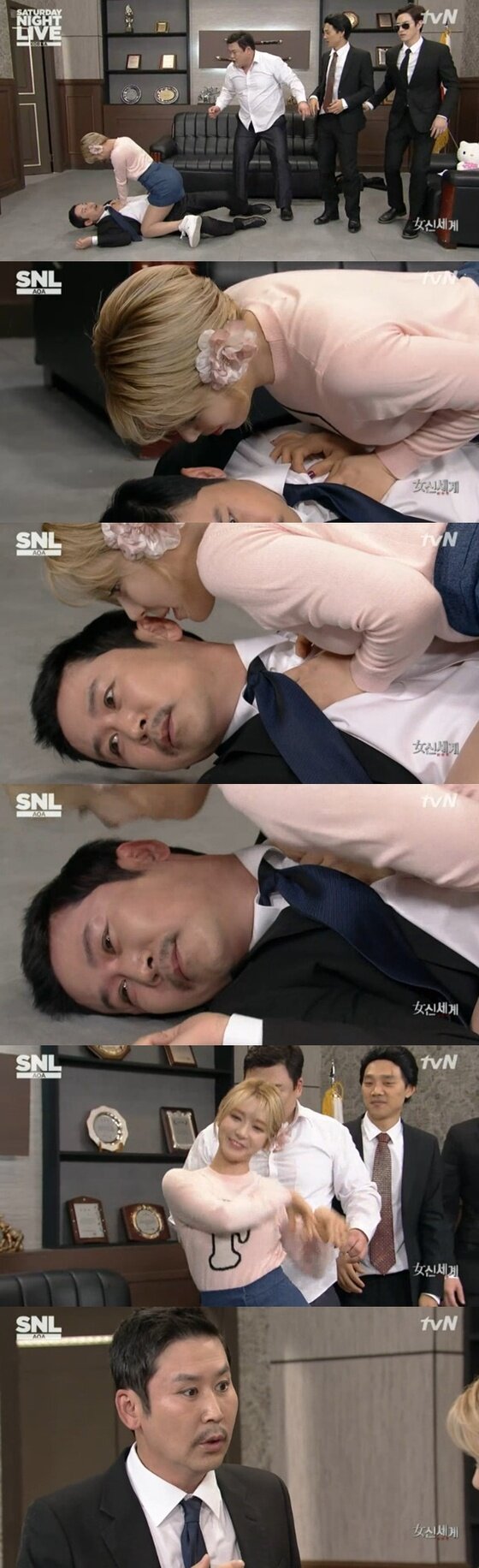 본문 이미지 - AOA 초아의 야릇한 애교로 신동엽을 홀렸다. ⓒ News1star / tvN 'SNL 코리아' 캡처