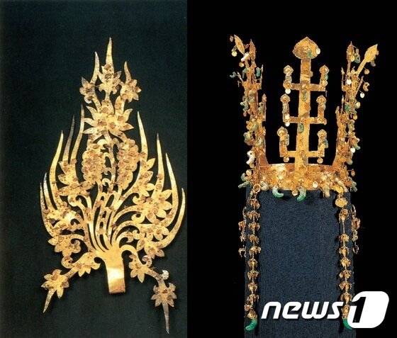 본문 이미지 - (왼쪽부터) 무령왕릉 관식(30.7cm)과 금관총 금관(27.7cm) 5-6세기ⓒ News1