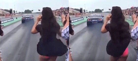 본문 이미지 - 한 여성이 스포츠카 배통에서 나온 바람으로 의도치 않게 노출을 하게 되는 황당한 사건이 벌어졌다. ⓒ News1star / 유튜브