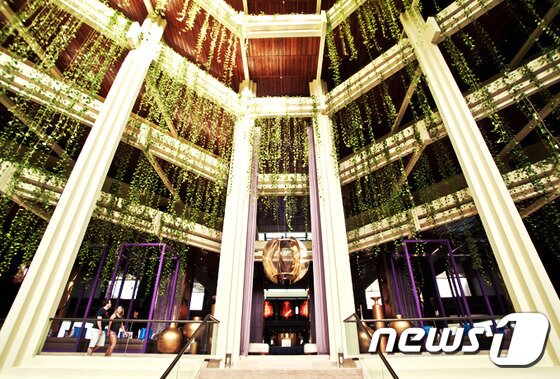 본문 이미지 - 피라미드를 연상시키는 리조트로 들어가면 거대한 정글의 모습의 로비를 만날 수 있다. 야자수부터 시작해 길게 늘어선 식물들을 이용한 자연 친화적인 실내장식으로 사람들에게 강한 인상을 남긴다. 사진 제공/ 허니문리조트 ⓒ News1