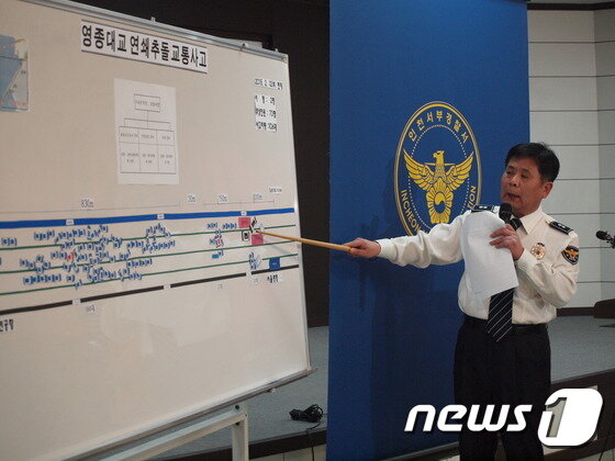 본문 이미지 - 대책상황실이 마련된 인천서부경찰서는 12일 오후 2시 영종대교 추돌사고 공식 브리핑을 열고 “현재 관광버스가 검은색 승용차량을 추돌한 것이 1차 사고로 추정된다”고 밝히고 있다. 2015.02.12/뉴스1 ⓒ News1 주영민 기자