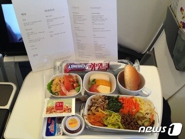 본문 이미지 - 독일 국적기 루프트한자 B747-8의 프리미엄 이코노미 클래스에 제공되는 기내식ⓒ News1 류종은 기자