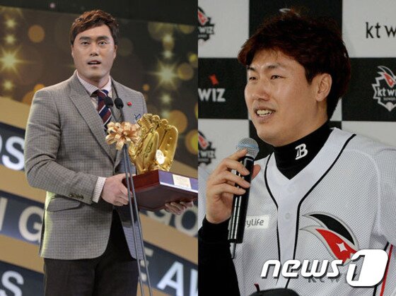 본문 이미지 - 충암중고교 1년 선후배인 '절친' 조성환(왼쪽)과 장성호가 야구인생의 새로운 출발점에 섰다. 조성환은 KBS N야구 해설가로 도전에 나서고, 신생팀 kt로 팀을 옮긴 장성호는 부활을 꿈꾸고 있다. ⓒ News1 DB