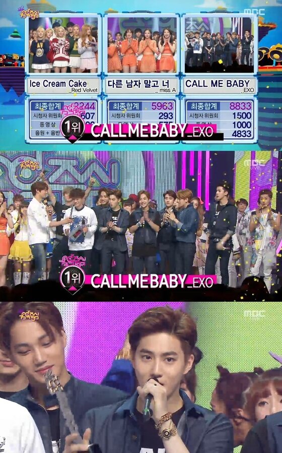 본문 이미지 - 11일 오후 3시45분 방송된 MBC &acute;쇼 음악중심&acute;에서 엑소가 1위를 차지했다. ⓒ 뉴스1스포츠 / MBC &acute;쇼 음악중심&acute; 캡처