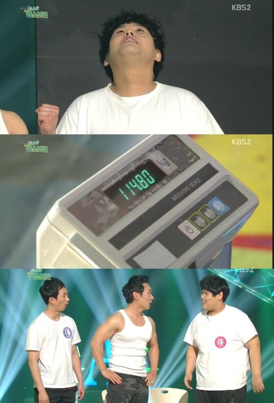 본문 이미지 - 12일 밤 9시15분 방송된 KBS2 '개그콘서트-라스트 헬스보이'에서는 김수영과 이창호가 몸무게를 재는 모습이 그려졌다. ⓒ 뉴스1스포츠 /  KBS2 '개그콘서트' 캡처
