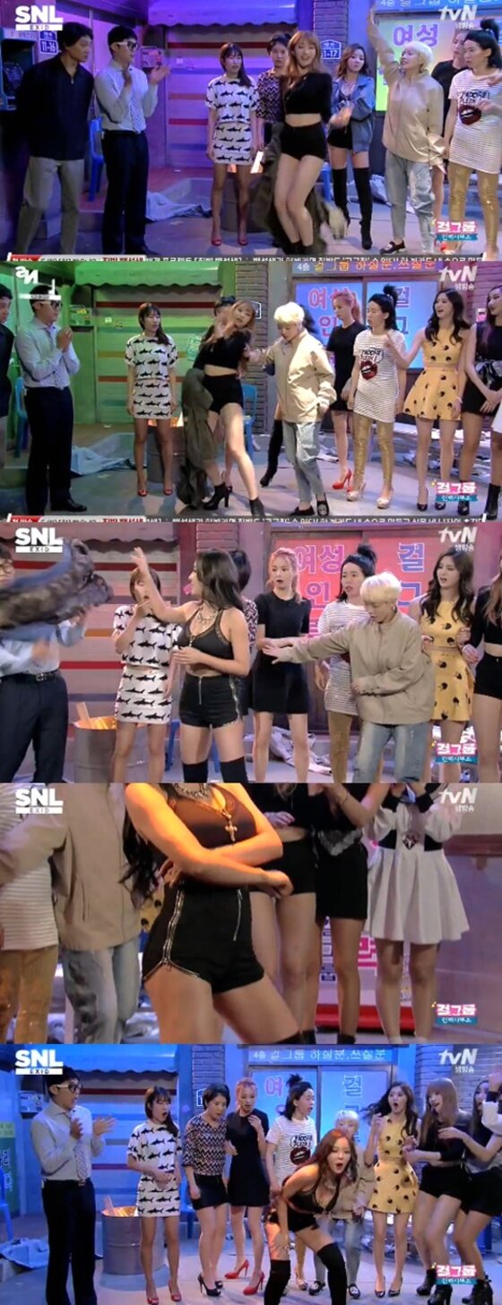 본문 이미지 - EXID 하니와 브아운아이드소울 나르샤가 섹시댄스 대결을 펼쳤다. ⓒ 뉴스1스포츠 / tvN 'SNL 코리아 시즌6'  캡처