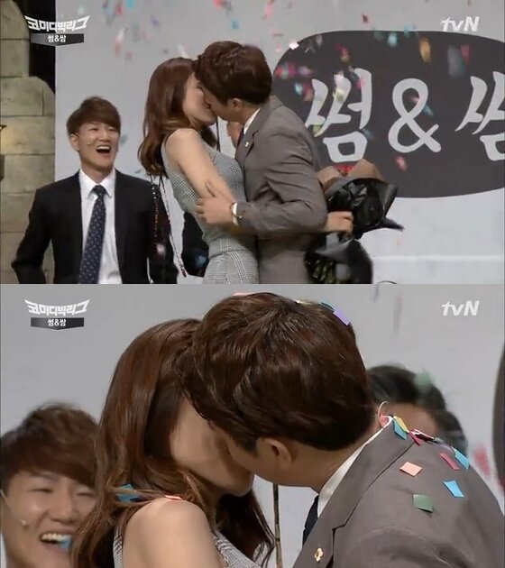 본문 이미지 - 유상무, 장도연이 키스 장면을 연출했다. ⓒ News1스포츠 / tvN &acute;코미디 빅리그&acute; 캡처