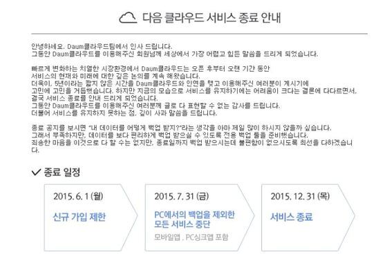 본문 이미지 - 다음 클라우드 서비스 종료를 알리는 공지 (출처: 다음) 
