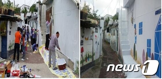본문 이미지 - 전주시 해피하우스 직원들이 담장도색을 하고 있다. 우측은 도색 후 담장.(전주시제공)2015.6.30/뉴스1ⓒ News1