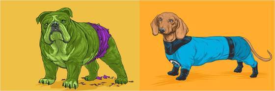 본문 이미지 - 영화 '어벤져스' 등장인물인 헐크, 캡틴 아메리카를 다양한 견종으로 표현한 일러스트레이터 조시 린치의 작품들.(사진 조시 린치 홈페이지 캡처)ⓒ News1