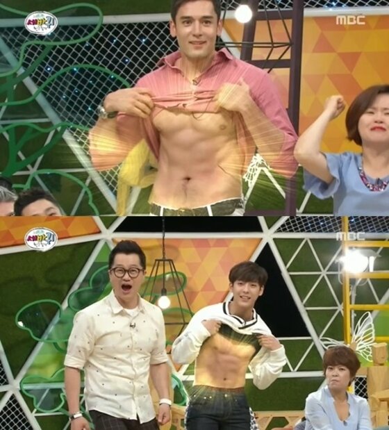 본문 이미지 - 줄리엔강 장성희 열애설, 과거 방송서 항시 대기 중인 복근을 공개했다.  ⓒ News1스포츠/MBC '세바퀴-친구찾기' 캡처