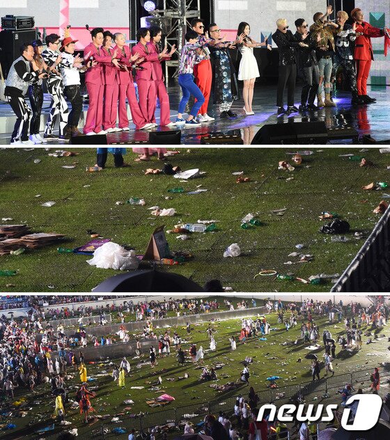 본문 이미지 - 관객들 퇴장한 뒤 객석엔 쓰레기 가득! 지난 13일 오후 강원도 평창동계올림픽 스키점프경기장에서 MBC ‘2015 무한도전 영동고속도로 가요제’가 열렸다. 공연을 마친 뒤 스탠딩 석 에는 관객들이 버리고 간 쓰레기들로 가득하다. ⓒ News1 스포츠 / 평창=권현진 기자