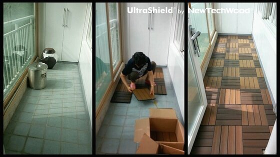 본문 이미지 - 아파트 베란다에 합성목재 뉴데크의 DIY 제품인 ‘퀵데크’를 설치하는 모습 ⓒ News1