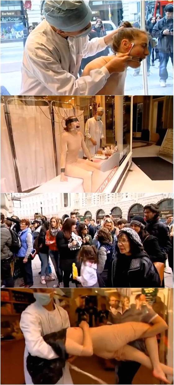 본문 이미지 - 지난  2012년 영국 핸드메이드 화장품 브랜드 러쉬(Lush)가 진행한 동물실험 폐지 캠페인 퍼포먼스.(사진 러쉬 동물실험 반대 캠페인 퍼포먼스 영상 캡처)ⓒ News1