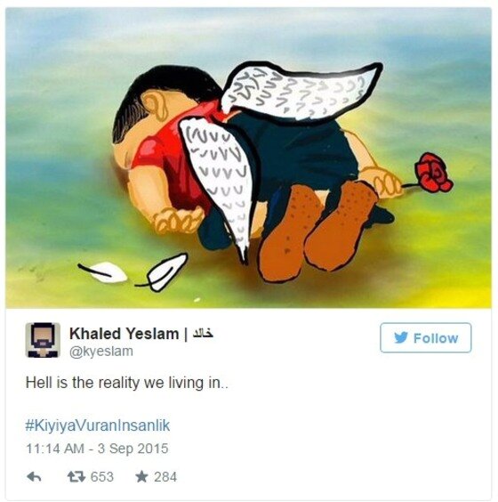 본문 이미지 - 이달 초 터키 해변에서 시신으로 발견된 시리아 난민 소년 아일란 쿠르디를 애도하는 그림.  