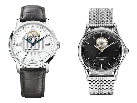 본문 이미지 - <사진 = 보메 메르시에 클래시마 오픈 밸런스, 엠포리오 아르마니 스위스 메이드 더 클래식 오토매틱 오픈 밸런스 휠> ⓒ News1