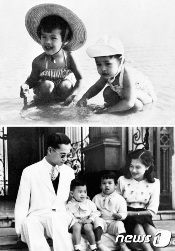 본문 이미지 - 13일(현지시간) 서거한 푸미폰 아둔야뎃 태국 국왕(왼쪽)과 시리킷 키티야카라 왕비(오른쪽)가 1955년 우볼라타나 라자칸야 공주, 마하 와찌랄롱꼰 왕세자와 즐거운 시간을 보내고 있다.ⓒ AFP=뉴스1