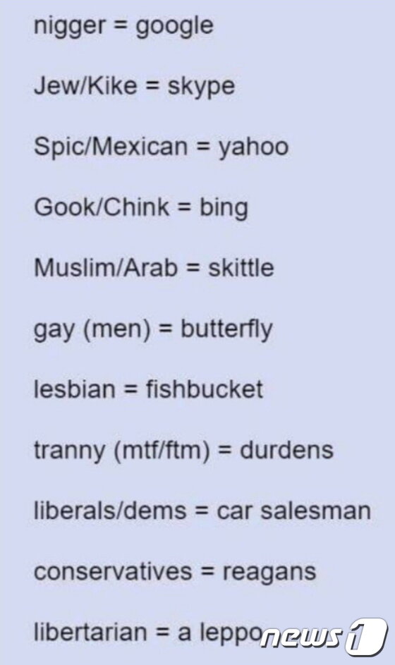 본문 이미지 - 알렉스 골드만이 정리해 트위터에 올린 인종차별 은어들. (출처:트위터) ⓒ News1