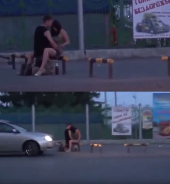 본문 이미지 - 러시아 커플이 공공장소에서 애정행각을 나누는 장면이 포착됐다. ⓒ News1star / 유튜브 캡처