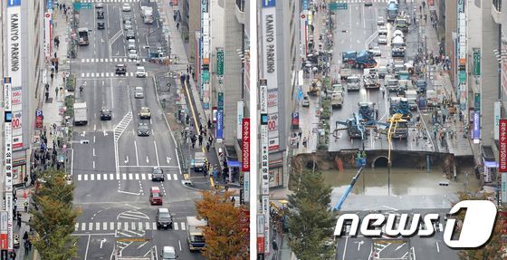 본문 이미지 - 지난 8일 함몰됐던, 후쿠오카(福岡)시 하카타(博多)구 소재 JR하카타역(驛) 인근 5차선 도로가 15일 복구됐다. 오른쪽 사진은 사고 당시이며, 왼쪽은 복원된 모습이다. 싱크 홀은 길이 약 30m, 깊이 15m에 달했다.ⓒ AFP=뉴스1 ⓒ News1 