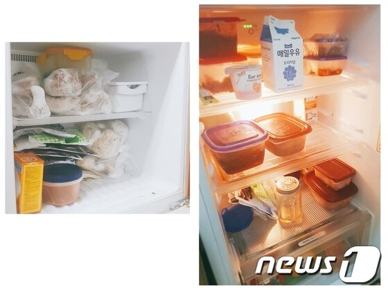 본문 이미지 - 기자의 집 냉장고 냉동실과 냉장실 내부 모습. ⓒ News1