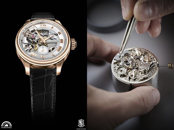 본문 이미지 - <사진 = 쇼파드 L.U.C 풀 스트라이크(왼쪽)와 무브먼트 조립 과정> ⓒ News1