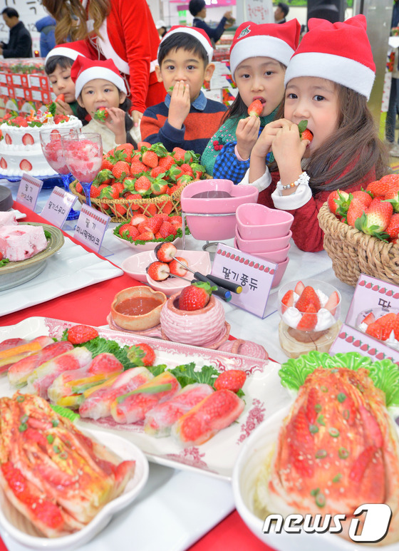 (서울=뉴스1) 김명섭 기자 = 15일 서울 양재동 농혀하나로마트 양재점에서 열린 국산딸기 특판전에서 어린이 모델들이 딸기를 시식하며 딸기 소비 촉진 캠페인을 벌이고 있다. 201 …