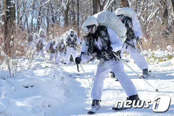 (평창=뉴스1) 구윤성 기자 = 육군 특수전사령부 장병들이 28일 강원도 평창군 황병산 일원에서 열린 특전사 설한지 극복훈련에서 숏스키를 이용한 설상기동을 하고 있다. 2016.1 …