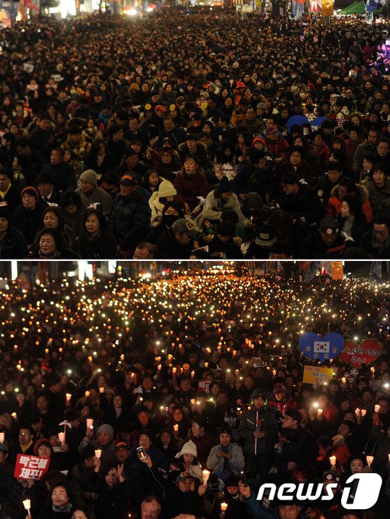 본문 이미지 - 3일 오후 광주 동구 금남로 일원에서 열린 6차 촛불집회에서 시민들이 촛불 끄기 퍼포먼스를 하고 있다.&#40;위&#41; 시민들이 촛불을 들고 박근혜 대통령 퇴진을 촉구하고 있다.&#40;아래&#41; 2016.12.3/뉴스1 ⓒ News1 황희규 기자