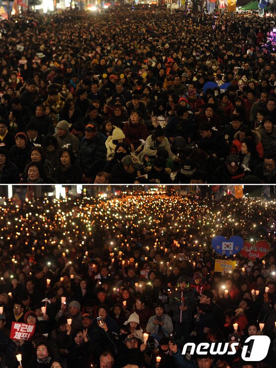 3일 오후 광주 동구 금남로 일원에서 열린 6차 촛불집회에서 시민들이 촛불 끄기 퍼포먼스를 하고 있다.&#40;위&#41; 시민들이 촛불을 들고 박근혜 대통령 퇴진을 촉구하고 있다.&#40;아래&#41; 2016.12.3/뉴스1 ⓒ News1 황희규 기자