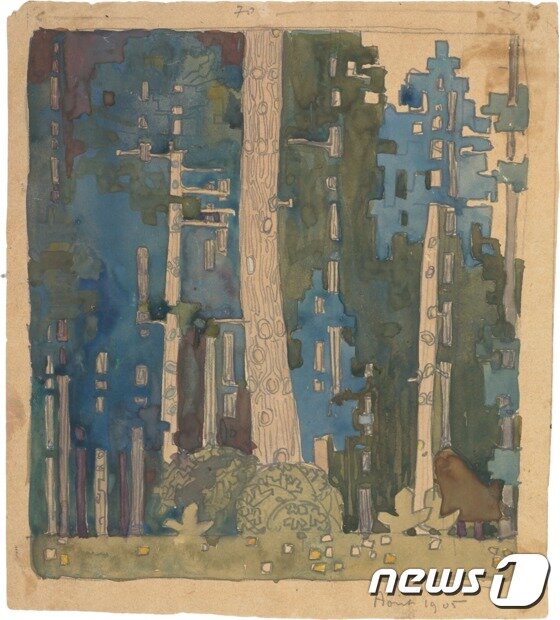 본문 이미지 - 숲의 도안화연구,18.3x16.3cm, 1905_석물연필, 수채화ⓒ News1