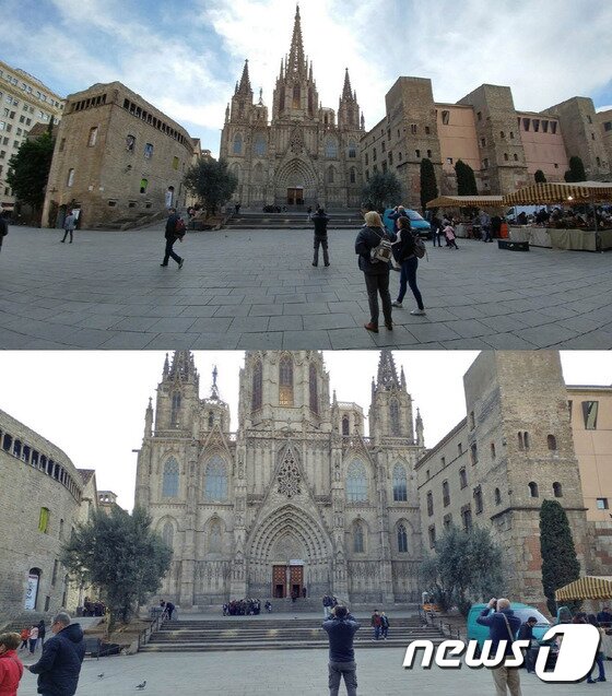 본문 이미지 - LG G5에 채택된 135도 광각렌즈로 촬영한 사진(위쪽) 비교 모습(사진제공=LG전자) ⓒ News1