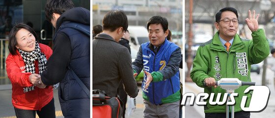 제20대 국회의원선거 선거운동개시일인 31일 오전 경기도 수원시무에 출마한 새누리당 정미경 후보&#40;왼쪽부터&#41;, 더불어민주당 김진표 후보, 국민의당 김용석 후보가 출근길 표심을 잡기 위해 시민들에게 지지를 호소하고 있다. 2016.3.31/뉴스1 ⓒ News1 이재명 기자