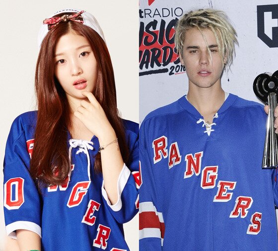 본문 이미지 - 걸그룹 아이오아이(I.O.I)의 멤버 정채연과 저스틴비버가 같은 옷 다른 느낌의 스타일링을 선보였다. ⓒ News1star / MBK엔터테인먼트