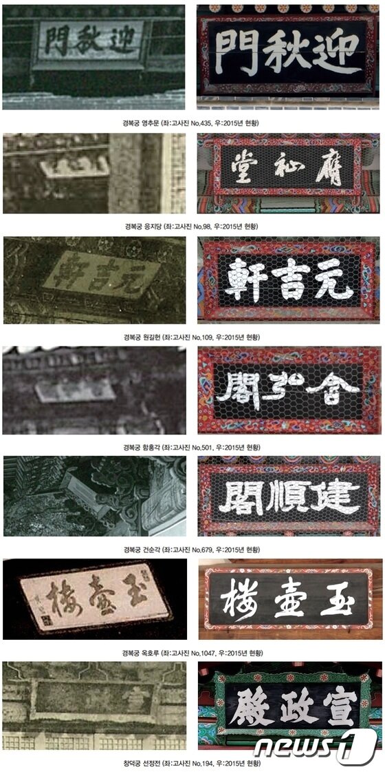 본문 이미지 - 옛 사진과 달리 바탕색과 글자색이 달라진 궁궐 현판문의 모습. 사진-문화재청 ⓒ News1