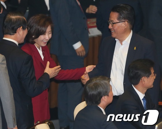 (서울=뉴스1) 송원영 기자 = 박지원 국민의당 원내대표가 19일 오전 서울 여의도 국회 본회의장에서 열린 19대 마지막 본회의에서 나경원 새누리당 의원과 인사를 나누고 있다. 2 …