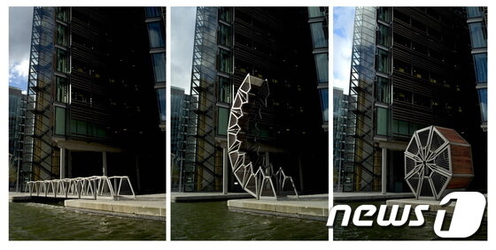 본문 이미지 - 롤링 브리지, 패딩턴 유역, 런던, 영국, 2004. 런던의 패딩턴 유역(Paddington Basin)의 도시 재개발 계획의 일환으로 제작된 ‘롤링 브리지(Rolling Bridge)’는 다리의 양 끝이 꺾여 올라가며 열리는 전형적인 방식이 아닌, 한쪽으로 둥글게 말리며 하나의 조형물처럼 보이도록 하는 부드럽고 세련된 메커니즘을 적용하여 디자인되었다. (Rolling Bridge; three stages of the Rolling Bridge; image credit: Steve Speller)