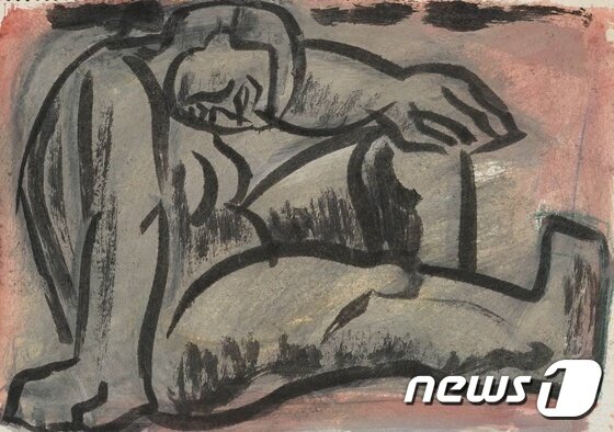 본문 이미지 - 여인누드, 1969-1971, 종이에 먹선, 채색, 25.2x35cm