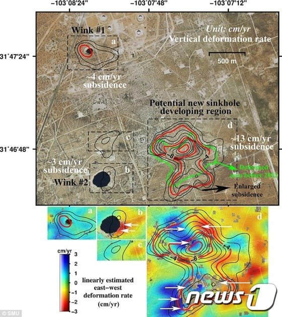 SMU 연구진은 위성 사진을 통해 텍사스 싱크홀 인근에서 또 다른 싱크홀이 출현하거나 현 싱크홀의 크기가 커지고 있다는 증거를 포착했다.[출처=SMU]ⓒ News1