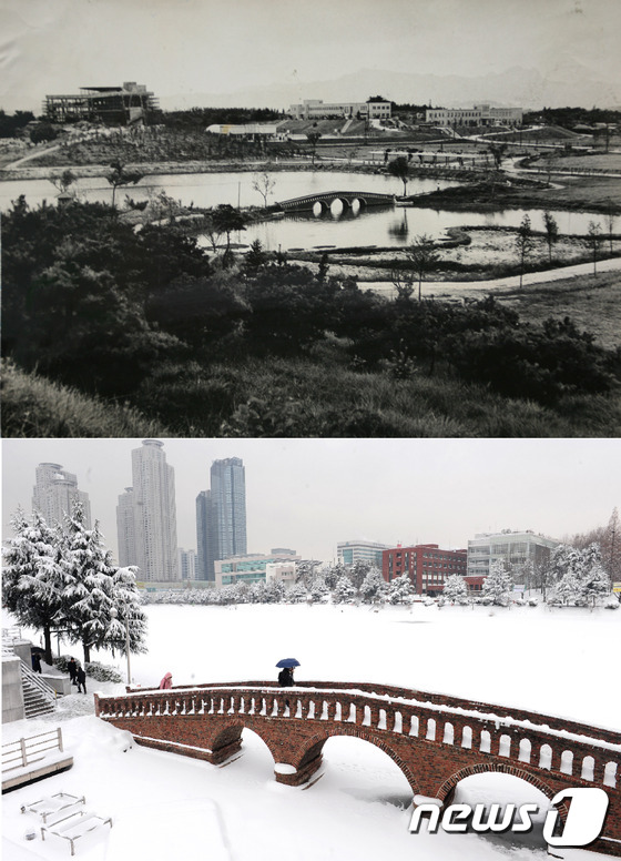 (서울=뉴스1) 조현아  인턴기자 = 건국대학교가 올해 개교70주년을 맞아 1940~80년대 캠퍼스 모습과 대학 생활을 현재의 모습을 비교하는 사진을 발굴해 오는 9월30일까지 서 …