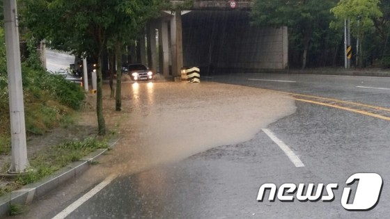 1일 오후 6시30분께 광주 북구 망월동 한 도로에 물이 고이면서 차량들이 힘겹게 이동하고 있다. 2016.7.1 © News1 전원 기자