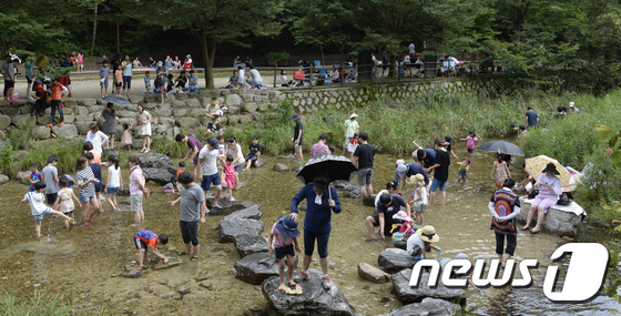 (대전ㆍ충남=뉴스1) 주기철 기자 = 삼복더위의 시작인 초복을 맞은 17일 오후 대전 유성구 계룡산 수통골 계곡을 찾은 시민들과 어린이들이 물놀이를 하거나 그늘에 앉아 더위를 식히 …