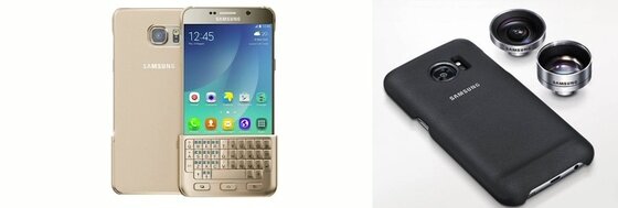 본문 이미지 - '갤럭시노트5'용 쿼티 키보드 커버(왼쪽)와 갤럭시S7 시리즈의 커버형 렌즈. ⓒ News1
