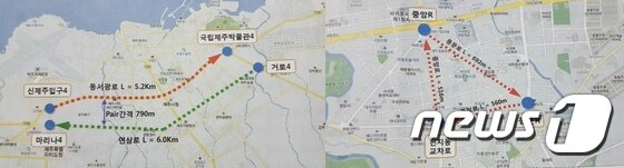 본문 이미지 - 간선도로 일방통행 실시가 검토되고 있는 제주시 동서광로 및 연삼로(사진 왼쪽)와 서귀포시 중앙로·동문로·중정로.ⓒ News1