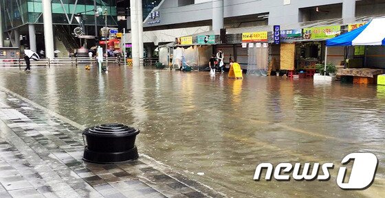 본문 이미지 - 5일 오전 의정부 회룡역 주변도로가 폭우로 침수됐다. 주민들이 물에 잠긴 횡단보도를 건너고 있다. 이날 오전 5시40분을 기해 호우경보가 발령된 경기도 북부 11개 시·군에 침수 피해가 속출하고 있다. (독자제공) 2016.7.5/뉴스1 ⓒ News1 이상휼 기자