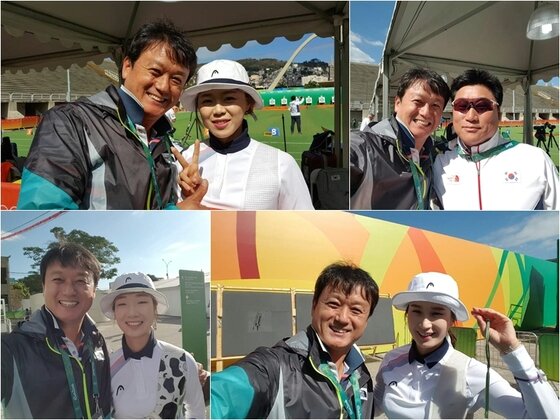 본문 이미지 - 박성수 양궁 해설위원이 여자 양궁 대표팀과 인증샷을 찍었다. ⓒ News1star / MBC