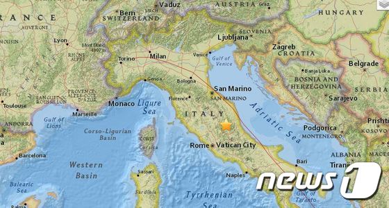 24일(현지시간) 새벽 이탈리아 페루자에서 규모 6.2의 지진이 발생했다. (사진출처=USGS)©뉴스1