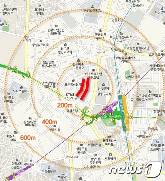 본문 이미지 - 왕십리 여행자거리 위치도. ⓒ News1